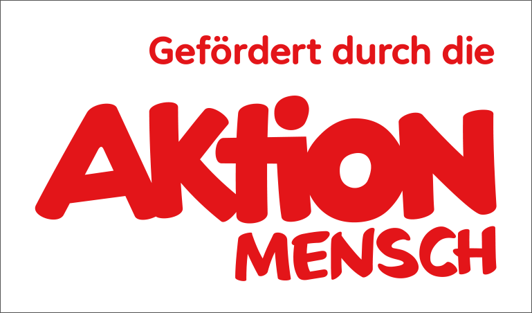 Logo der Soziallotterie Aktion Mensch mit dem Schriftzug: Gefördert von Aktion Mensch (rote Schrift auf weißem Hintergrund)