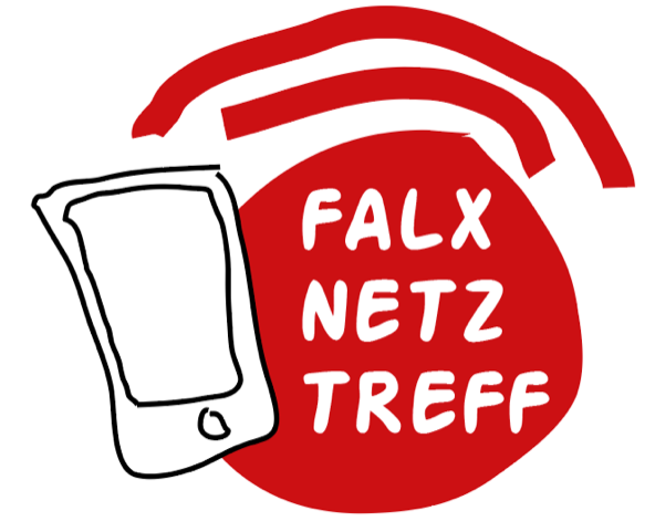 Das Bild zeigt eine digitale Zeichnung: ein Smartphone im Vordergrund ist schwarz weiß und handgezeichnet. Im Hintergrund ist ein roter Kreis mit zwei roten Bögen darüber. Im roten Kreis steht auf weißer Schrift der Schriftzug Falxnetztreff.